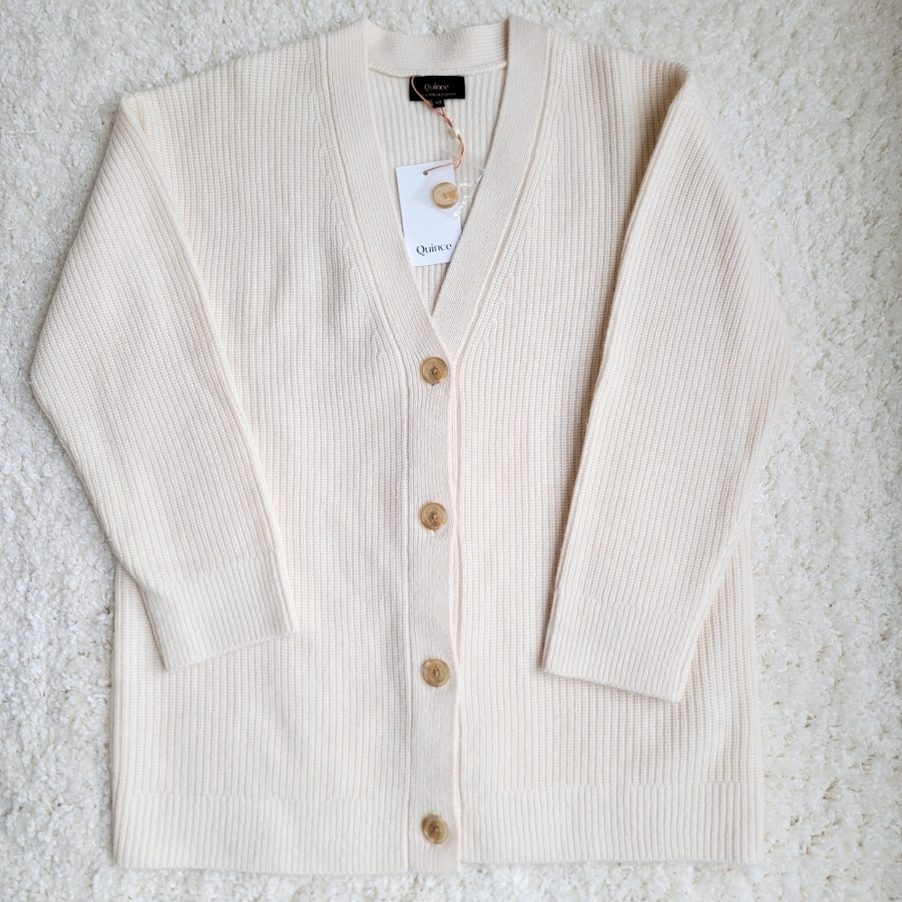 NWT Quince 100% Cashmere Oversized Cocoon Boyfriend Cardigan, ivory white, XS